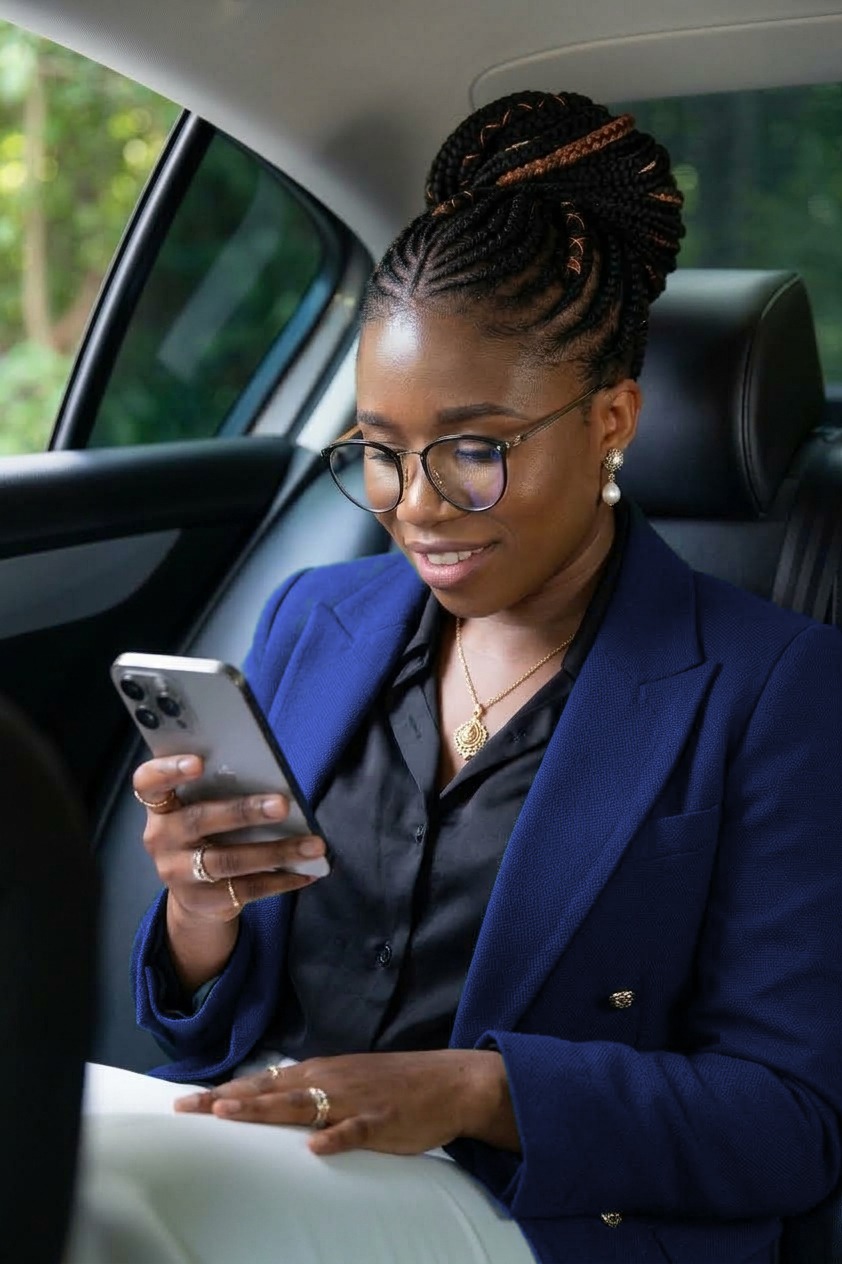 An employee checking her trip on her phone in the back seat of a car